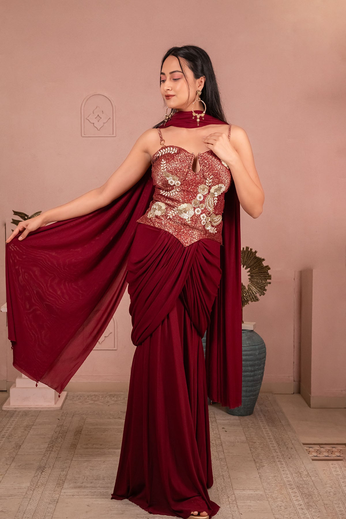 Embroidered Brocade Corset Gown with Draped Skirt