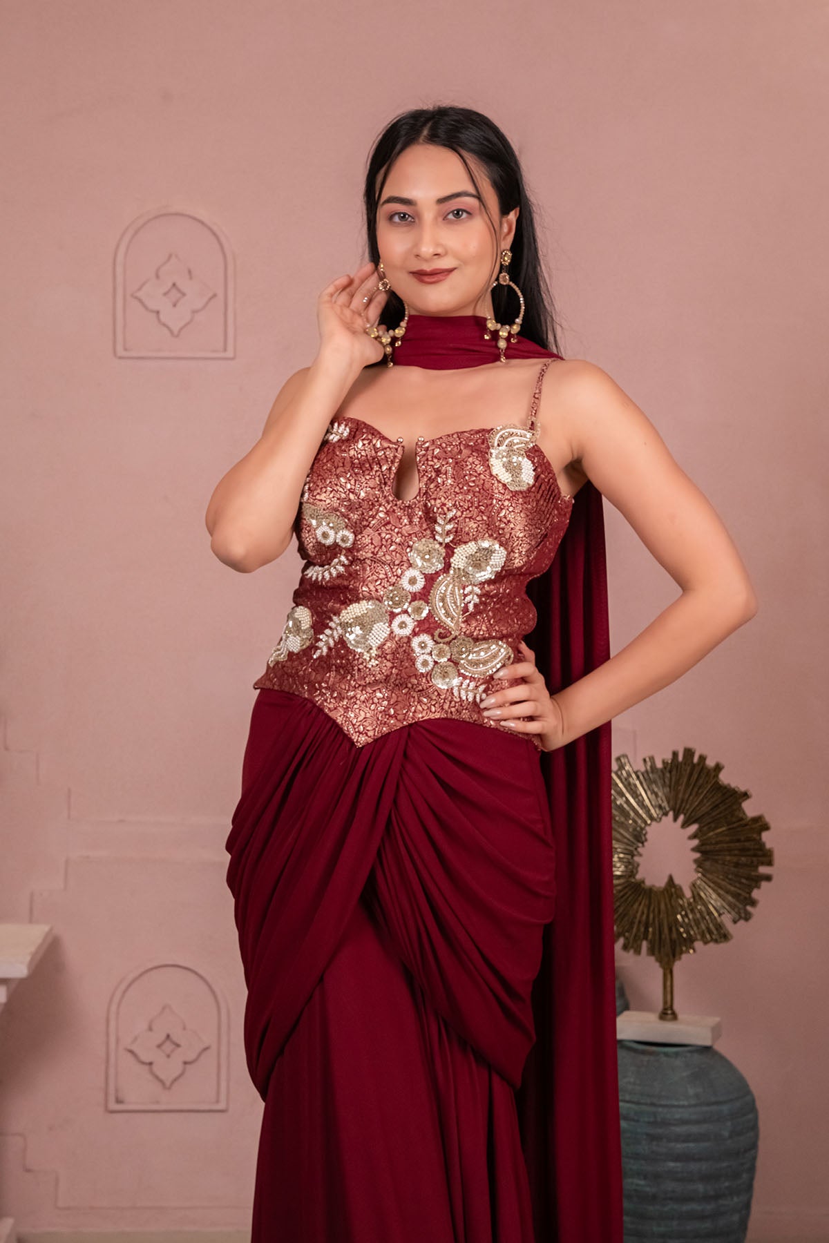 Embroidered Brocade Corset Gown with Draped Skirt