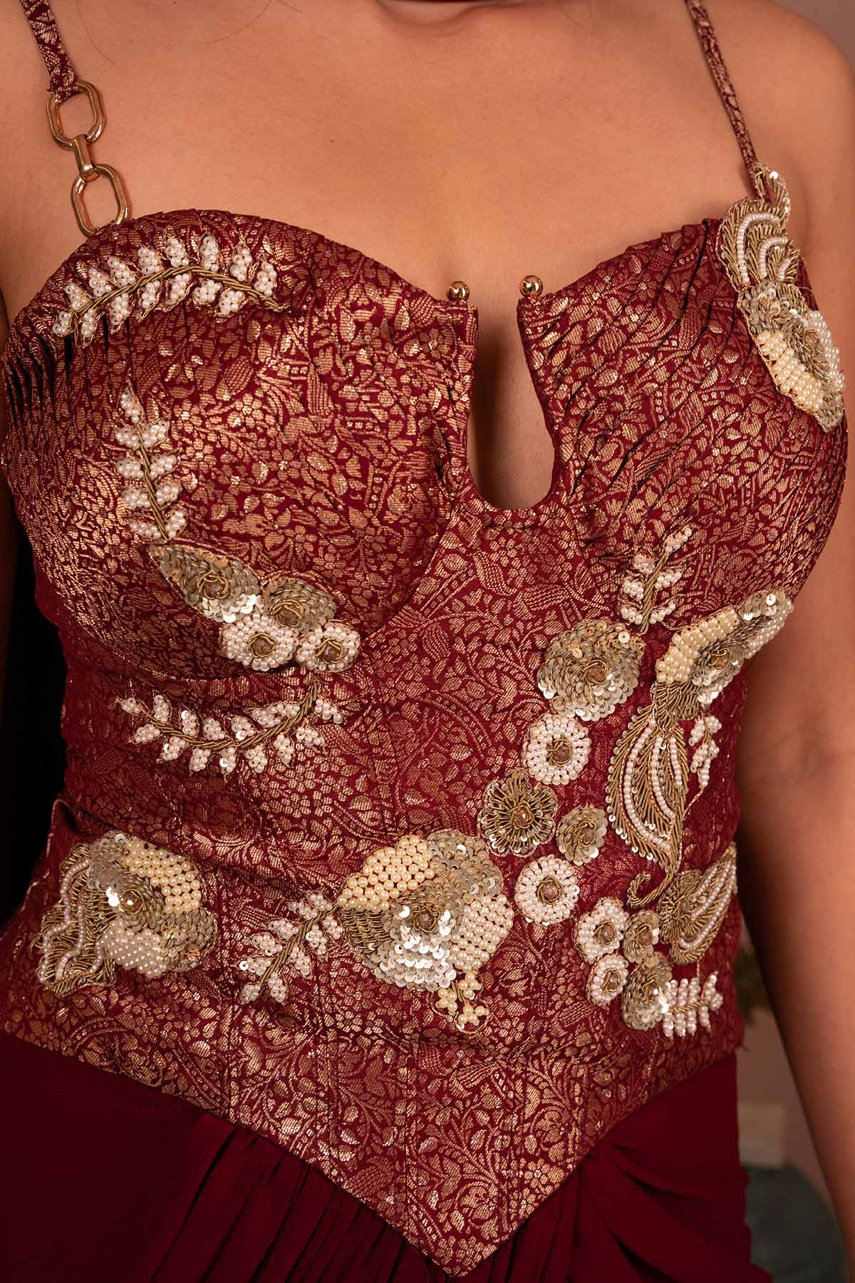 Embroidered Brocade Corset Gown with Draped Skirt