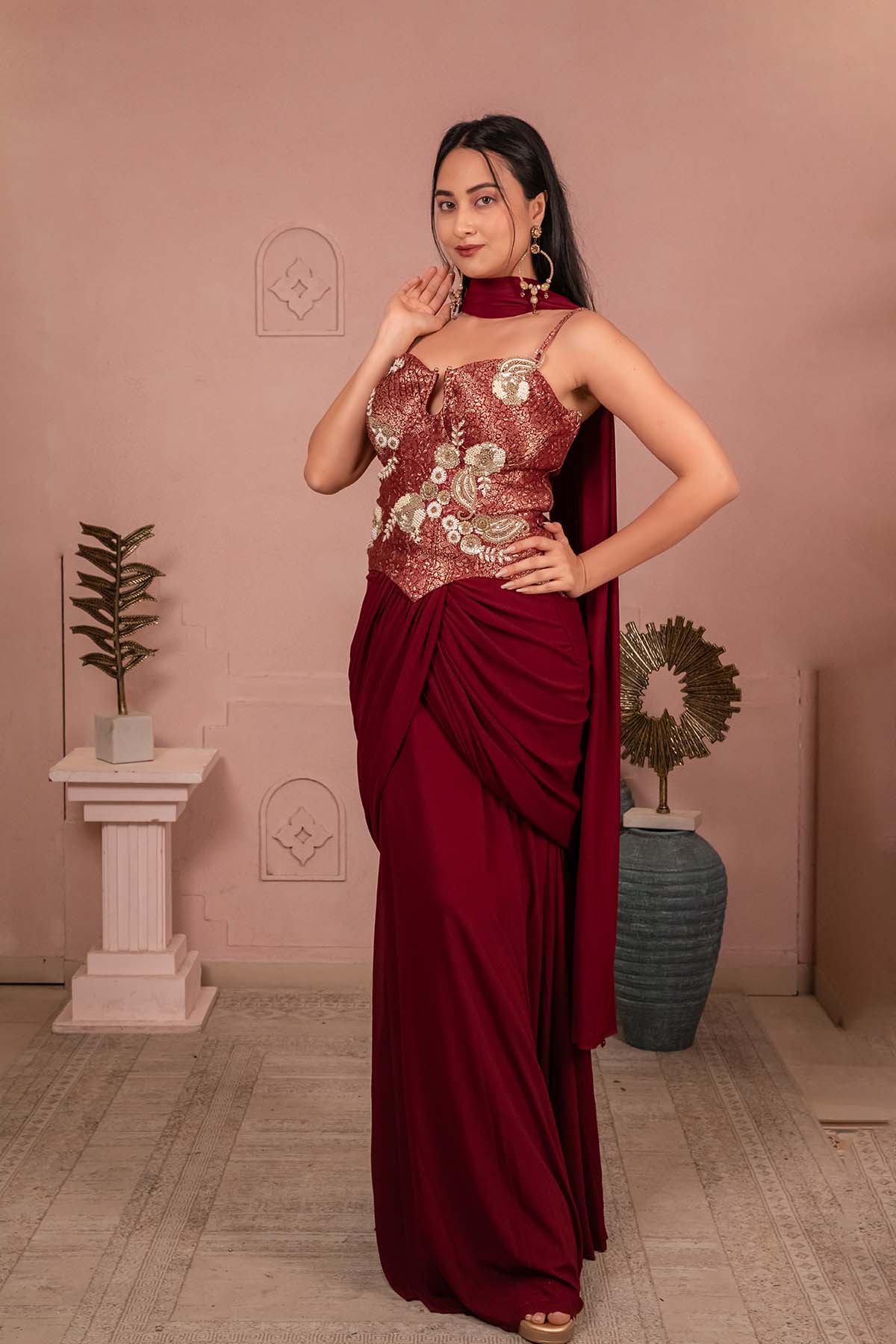 Embroidered Brocade Corset Gown with Draped Skirt