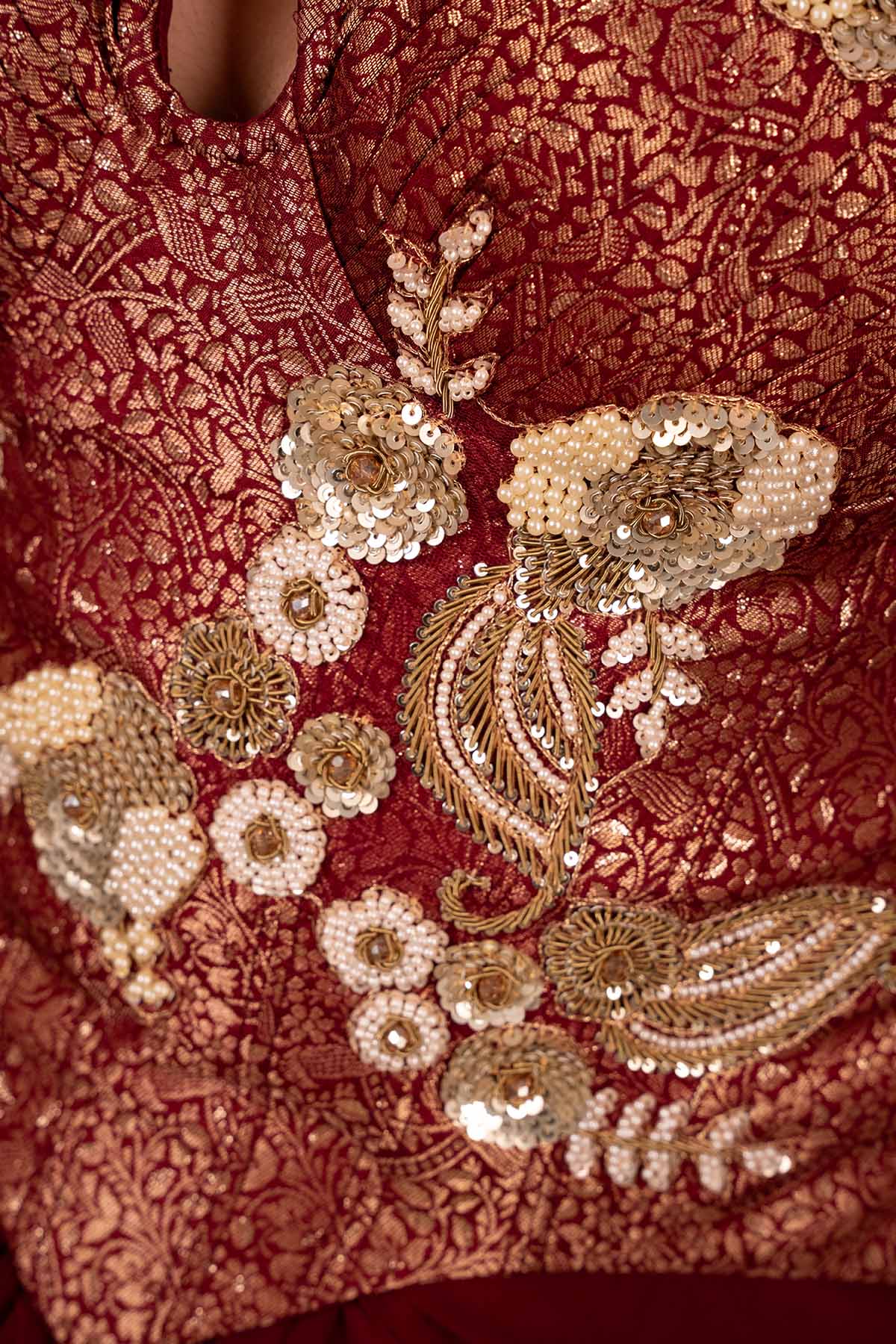 Embroidered Brocade Corset Gown with Draped Skirt